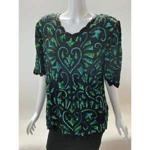 Creative Touch Womens Blouse Green Black Sequined Beaded Scoop Zipper XL